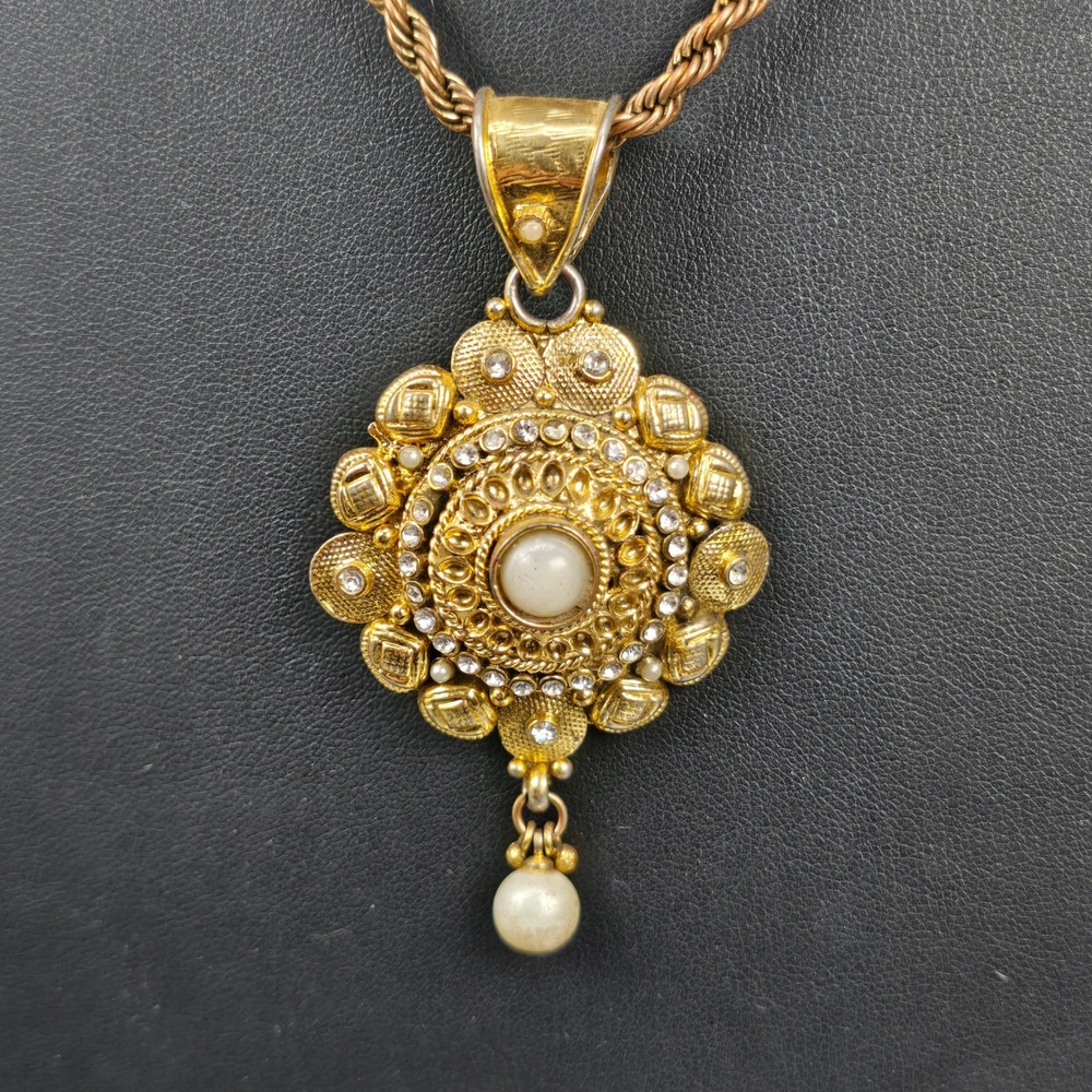 Ornate Gold-Tone Mandala Statement Pendant Faux Pearl Rhinestone Necklace
